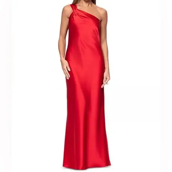 AQUA FORMAL Satin One Shoulder Gown Red Women’s Sz 12 - Picture 1 of 9